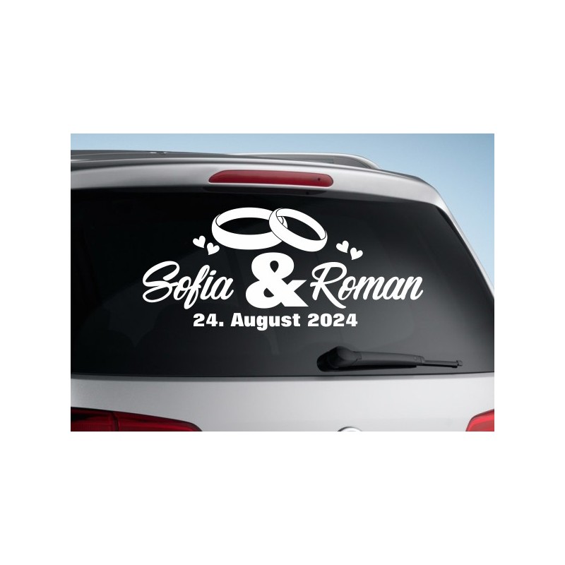 Aufkleber Just Married Ehe Hochzeit Paar Liebe Herz Ringe Datum Namen