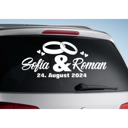 Aufkleber Just Married Ehe Hochzeit Paar Liebe Herz Ringe Datum Namen