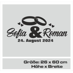 Aufkleber Just Married Ehe Hochzeit Paar Liebe Herz Ringe Datum Namen