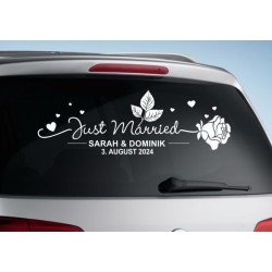 Aufkleber Just Married Ehe Hochzeit Paar Liebe Herz Ringe Datum Namen