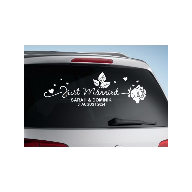 Aufkleber Just Married Ehe Hochzeit Paar Liebe Herz Ringe Datum Namen