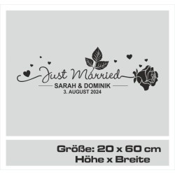 Aufkleber Just Married Ehe Hochzeit Paar Liebe Herz Ringe Datum Namen