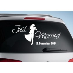 Aufkleber Just Married Ehe Hochzeit Paar Liebe Herz Ringe Datum Namen