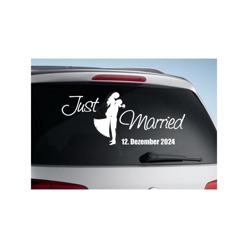 Aufkleber Just Married Ehe Hochzeit Paar Liebe Herz Ringe Datum Namen