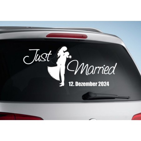 Aufkleber Just Married Ehe Hochzeit Paar Liebe Herz Ringe Datum Namen