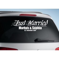 Aufkleber Just Married Ehe Hochzeit Paar Liebe Herz Ringe Datum Namen