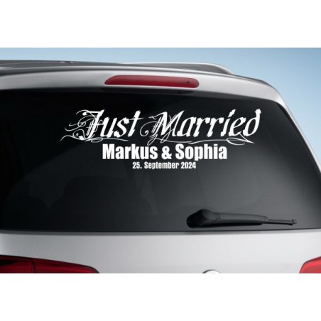 Aufkleber Just Married Ehe Hochzeit Paar Liebe Herz Ringe Datum Namen
