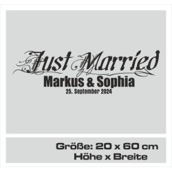 Aufkleber Just Married Ehe Hochzeit Paar Liebe Herz Ringe Datum Namen