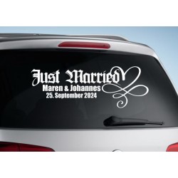 Aufkleber Just Married Ehe Hochzeit Paar Liebe Herz Ringe Datum Namen