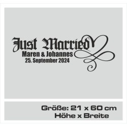 Aufkleber Just Married Ehe Hochzeit Paar Liebe Herz Ringe Datum Namen