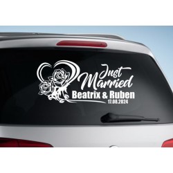 Aufkleber Just Married Ehe Hochzeit Paar Liebe Herz Ringe Datum Namen