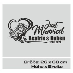 Aufkleber Just Married Ehe Hochzeit Paar Liebe Herz Ringe Datum Namen