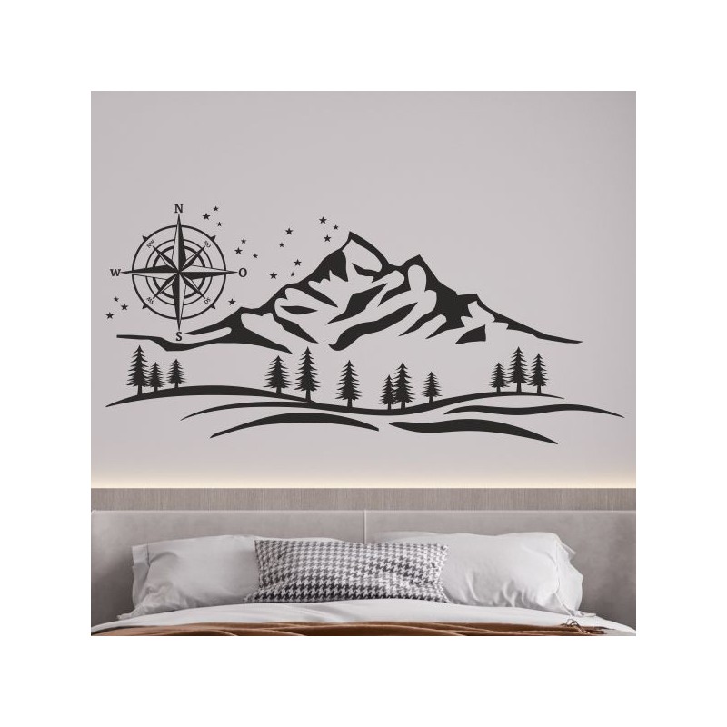 Wandaufkleber Wandtattoo Aufkleber Wand Tattoo Landschaft Berge Alpen Weg Kompass Hirsch Geweih Panorama Wandern Globus Biker