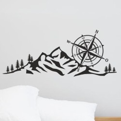 Wandaufkleber Wandtattoo Aufkleber Wand Tattoo Landschaft Berge Alpen Weg Kompass Hirsch Geweih Panorama Wandern Globus Biker