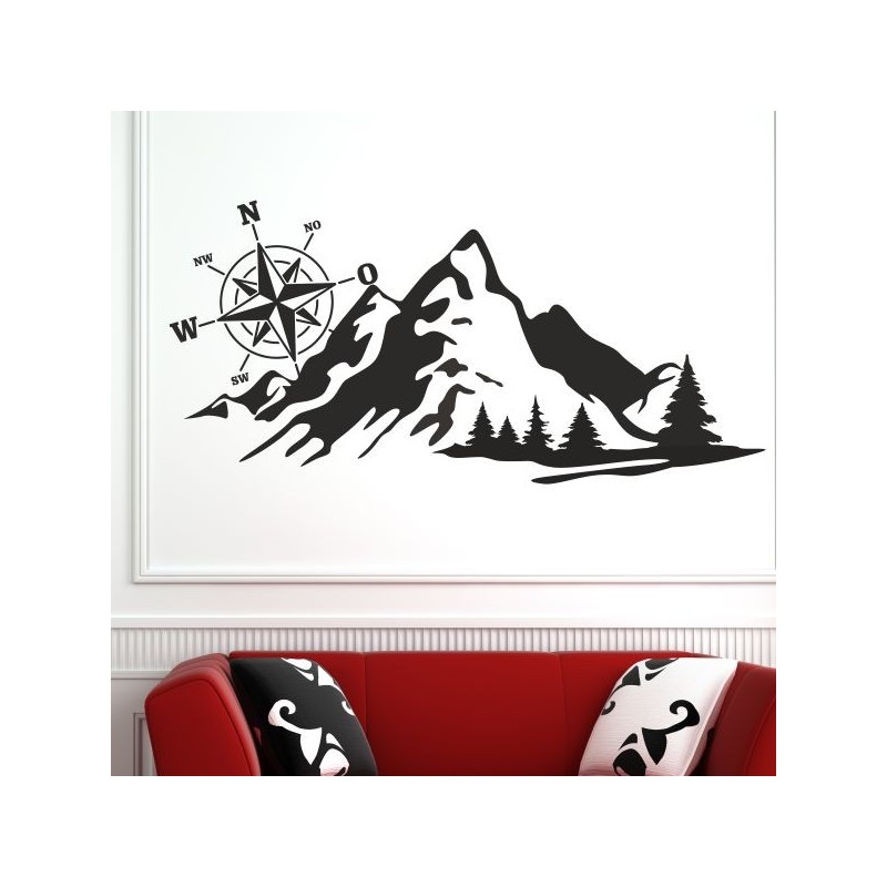 Wandaufkleber Wandtattoo Aufkleber Wand Tattoo Landschaft Berge Alpen Weg Kompass Hirsch Geweih Panorama Wandern Globus Biker