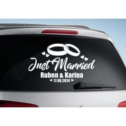 Aufkleber Just Married Ehe Hochzeit Paar Liebe Herz Ringe Datum Namen