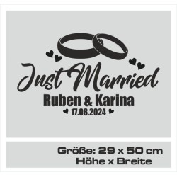 Aufkleber Just Married Ehe Hochzeit Paar Liebe Herz Ringe Datum Namen