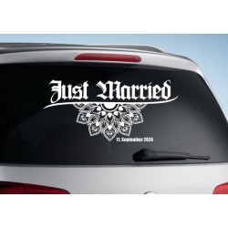 Aufkleber Just Married Ehe Hochzeit Paar Liebe Herz Ringe Datum Namen