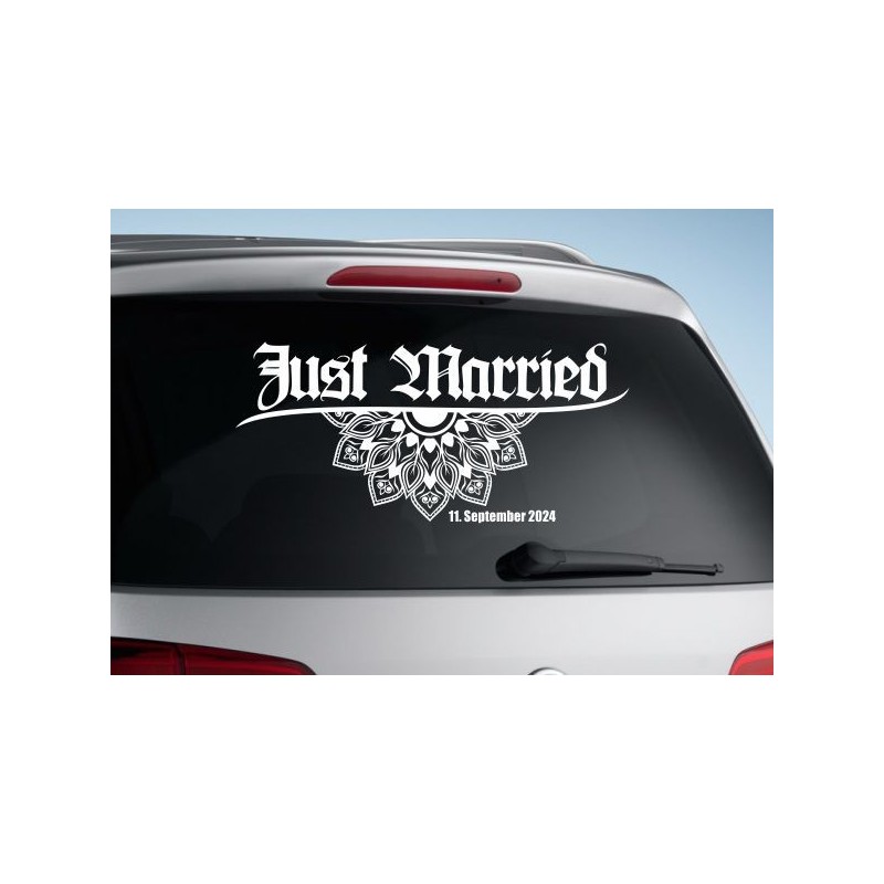 Aufkleber Just Married Ehe Hochzeit Paar Liebe Herz Ringe Datum Namen
