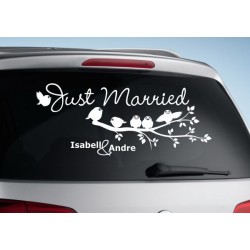 Aufkleber Just Married Ehe Hochzeit Paar Liebe Herz Ringe Datum Namen