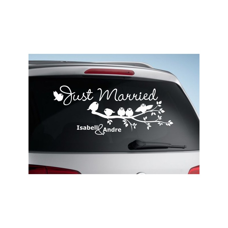 Aufkleber Just Married Ehe Hochzeit Paar Liebe Herz Ringe Datum Namen