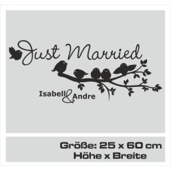 Aufkleber Just Married Ehe Hochzeit Paar Liebe Herz Ringe Datum Namen