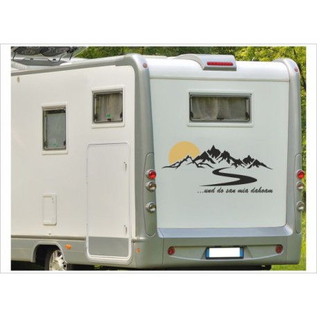 Wohnmobil Wohnwagen Caravan Camper WOMA Berge Landschaft Sonne ...und do san mia dahoam Aufkleber Beschriftung Auto