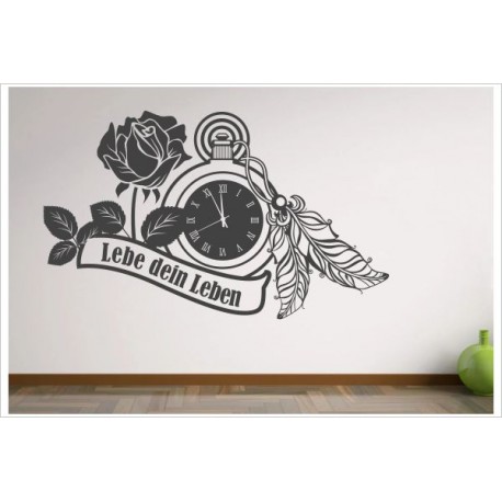 Wohnzimmer Uhr Vintage Rose Zeit Lebe dein Leben Aufkleber Dekor Wandtattoo Wandaufkleber